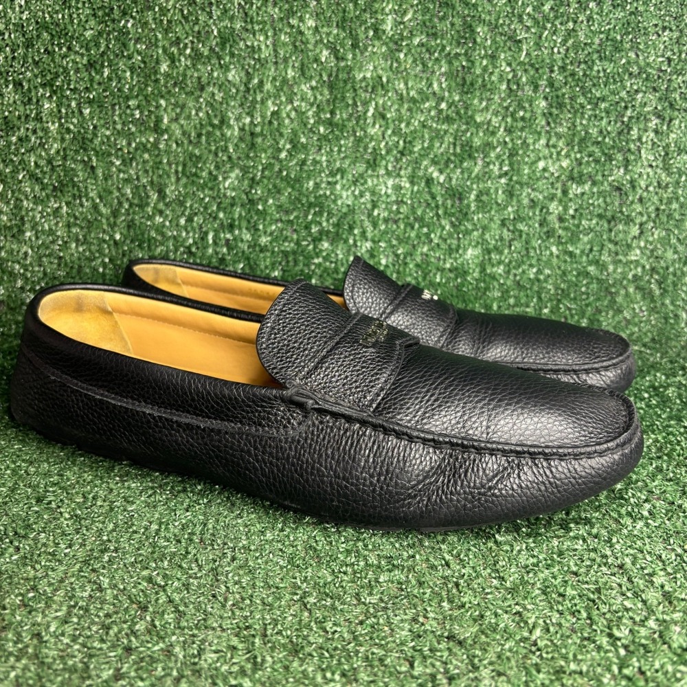Prada Grained Leather Logo Penny Driving Loafer Luxury Slip On Black Mens Sz 12 - Picture 2 of 9